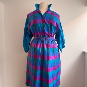 Vintage 80s silk madras plaid shirtdress